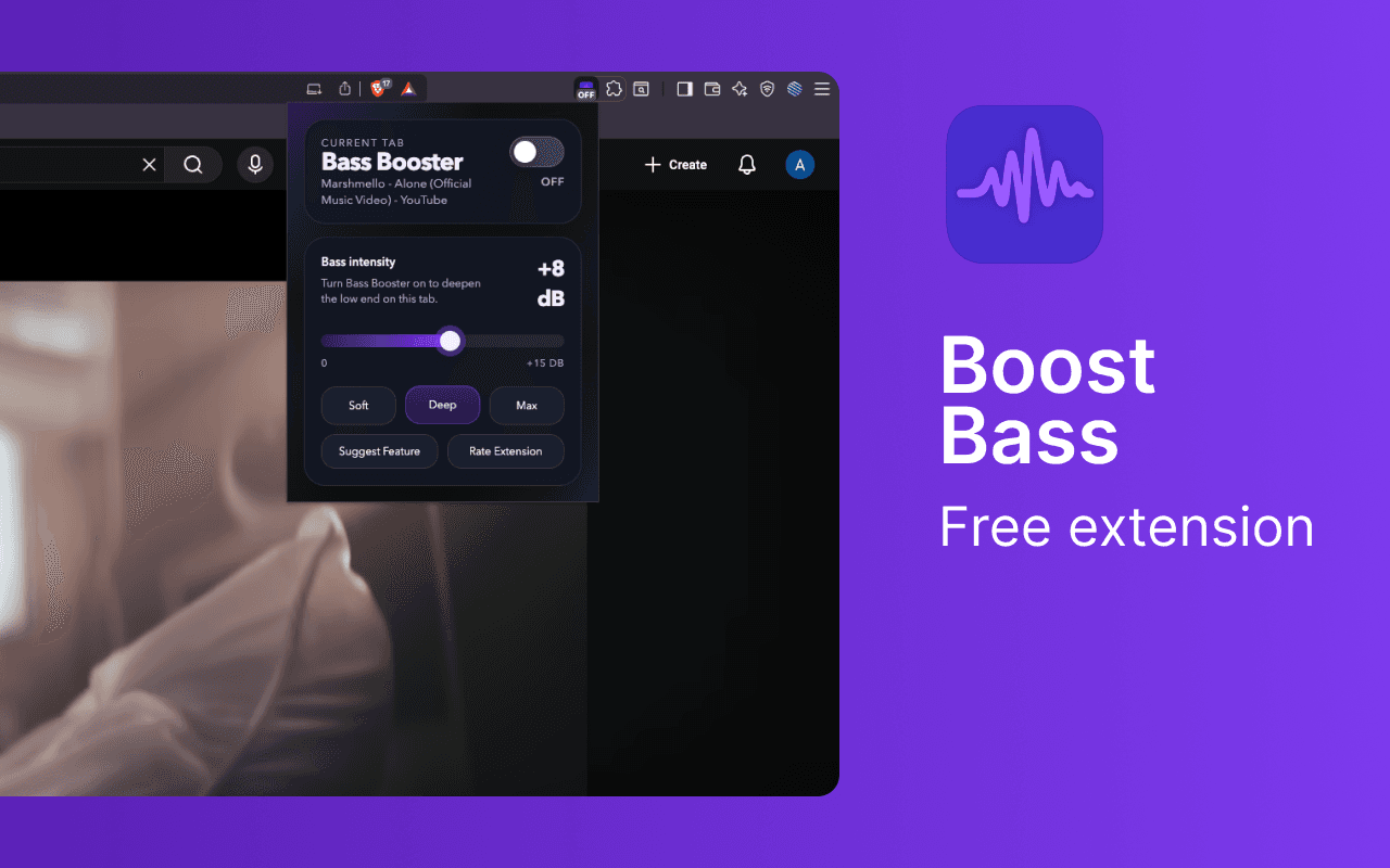 Bass Booster Chrome extension screenshot showing the popup interface