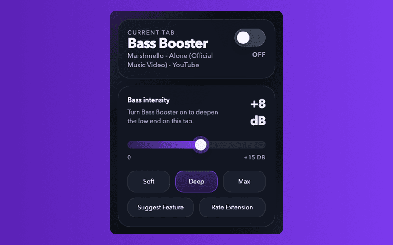 Bass Booster Chrome extension screenshot showing the popup interface