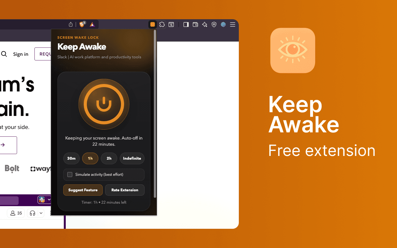 Keep Awake Chrome extension screenshot showing the popup interface