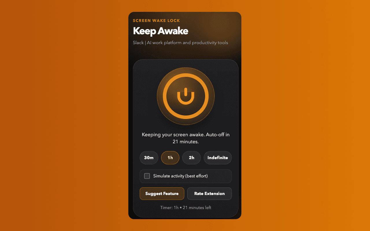 Keep Awake Chrome extension screenshot showing the popup interface