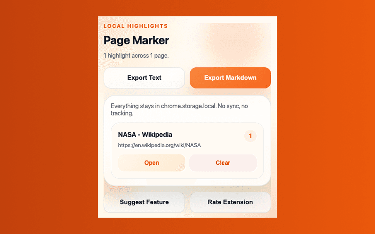 Page Marker Chrome extension screenshot showing the popup interface