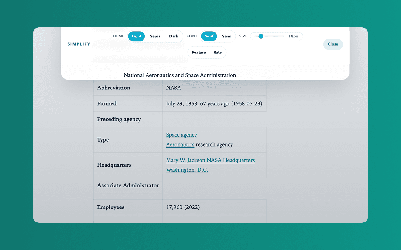 Simplify Chrome extension screenshot showing the popup interface